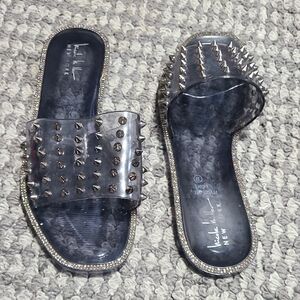 Nicole Miller Clear Gray Rhinestone Studded Jelly Slide Slip On Sandals Size‎ 8